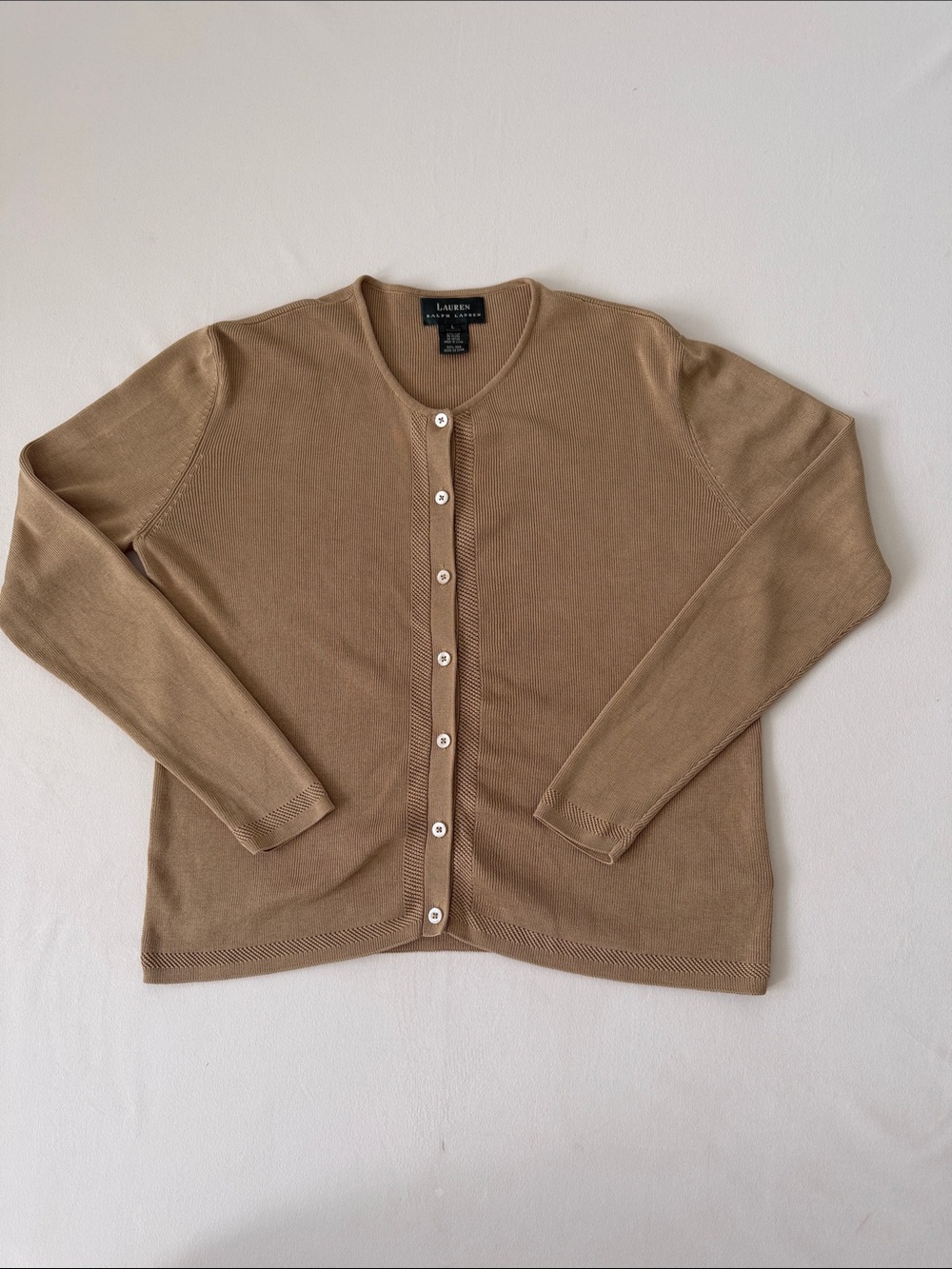 Lauren Ralph Lauren Women's Camel Crewneck 100% Silk Cardigan Sweater Size Large - Picture 6 of 8